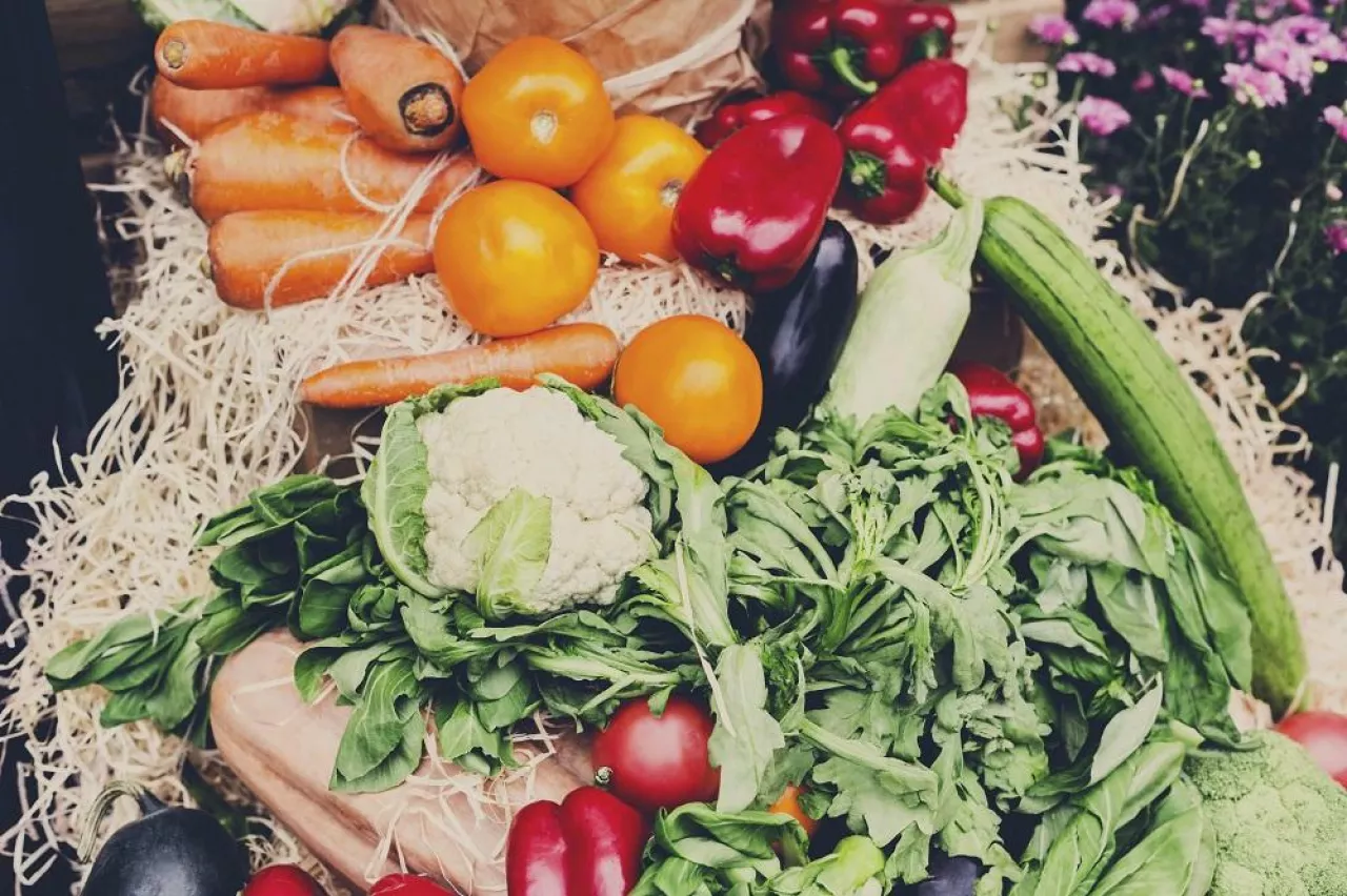 Fall harvest of vegetables. Organic farmers food market place. Fresh products - vegetables on sale at the local market, close-up, top view