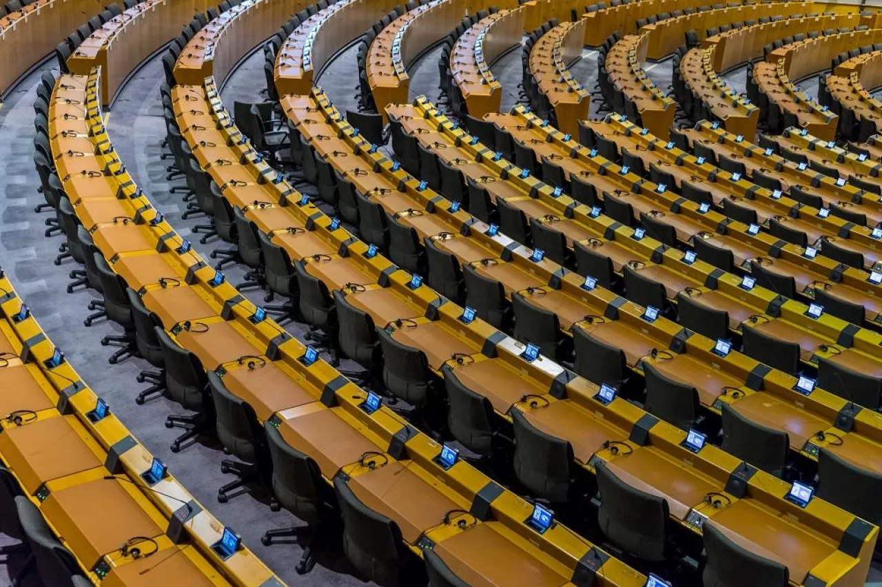 European parliament empty plenary room in Brussels, Belgium