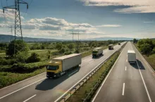 Four lanes Highway Transit with transportation trucks on a bright blue day. Highway traffic.