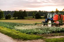 Tractor spraying pesticides on cabbage field. agriculture concept